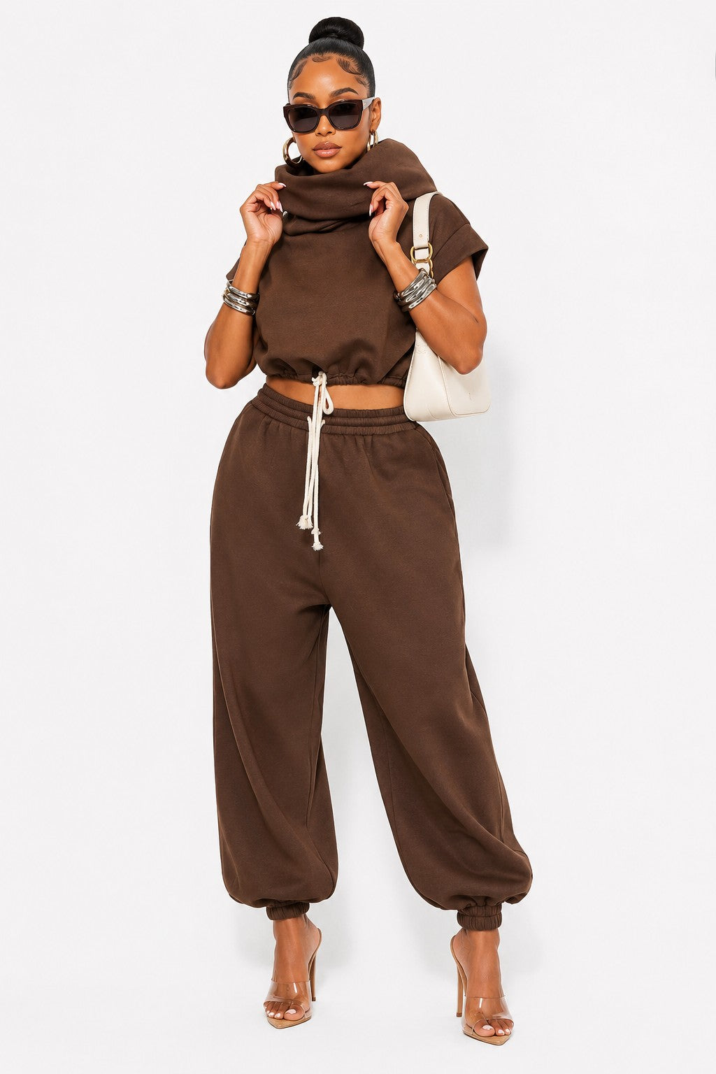 High Neck Hooded Terry Sweatshirt And Pants Set