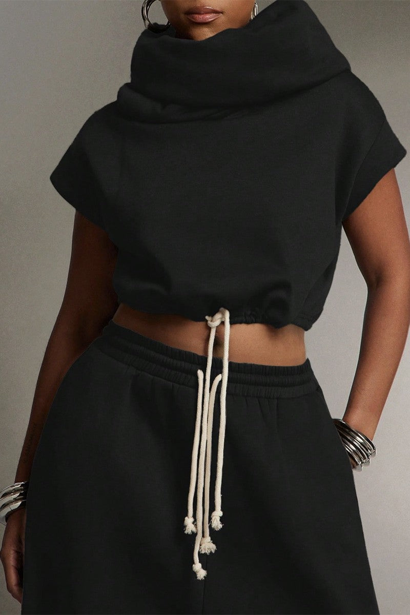 High Neck Hooded Terry Sweatshirt And Pants Set