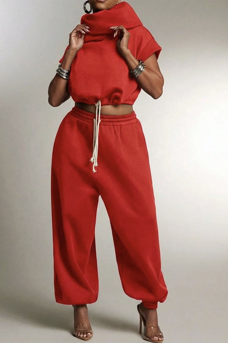High Neck Hooded Terry Sweatshirt And Pants Set