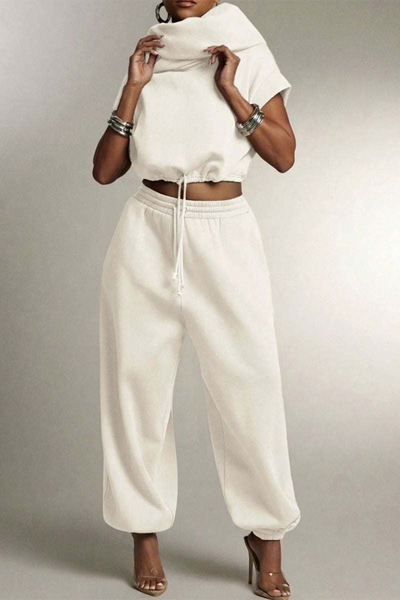 High Neck Hooded Terry Sweatshirt And Pants Set
