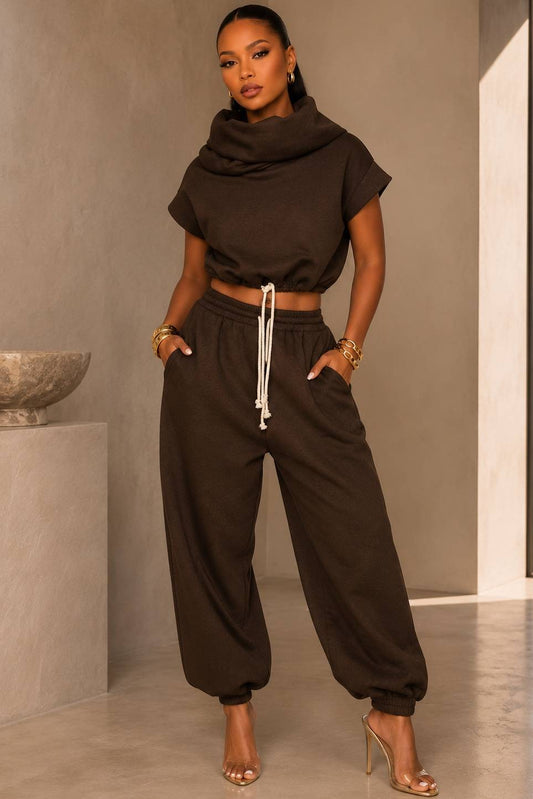 High Neck Hooded Terry Sweatshirt And Pants Set