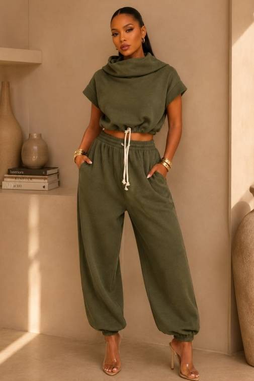 High Neck Hooded Terry Sweatshirt And Pants Set