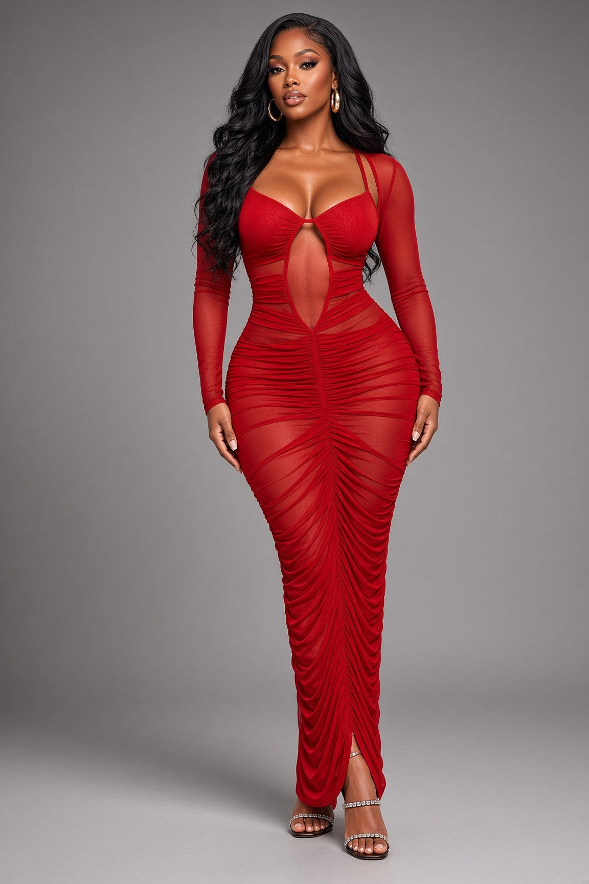 Mesh Ruched Maxi Dress