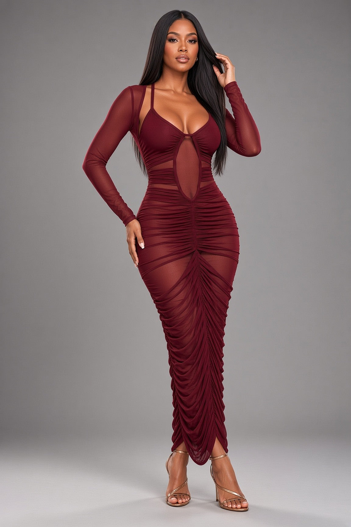 Mesh Ruched Maxi Dress