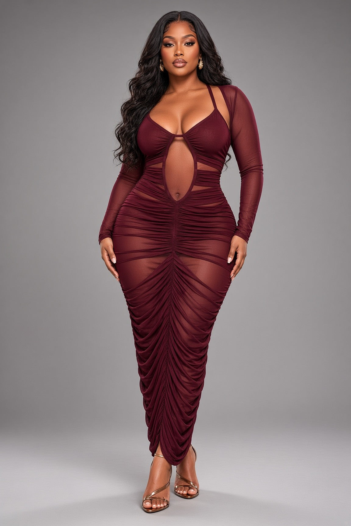 Mesh Ruched Maxi Dress