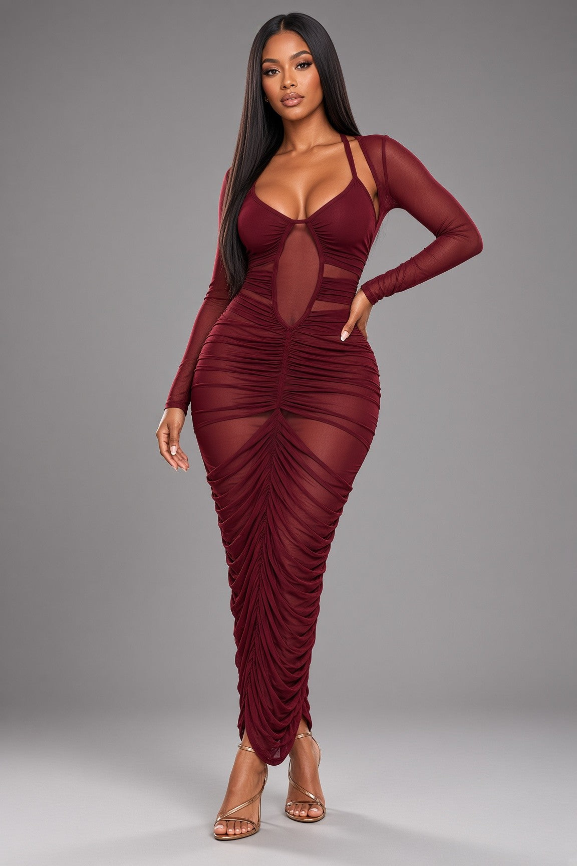 Mesh Ruched Maxi Dress