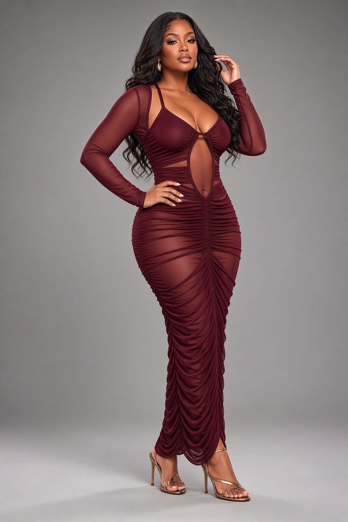 Mesh Ruched Maxi Dress