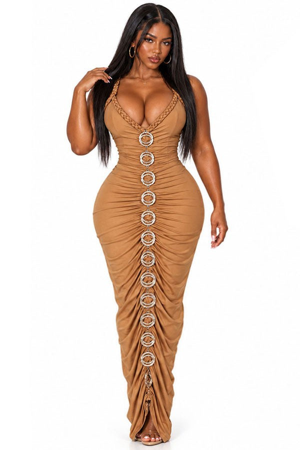 Karla ruched ring dress (Wine red/gold)