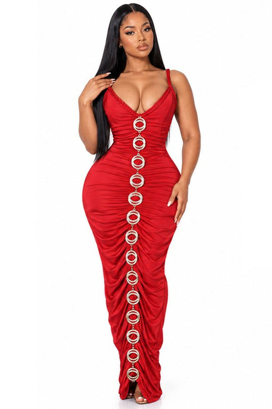 Karla ruched ring dress (Wine red/gold)