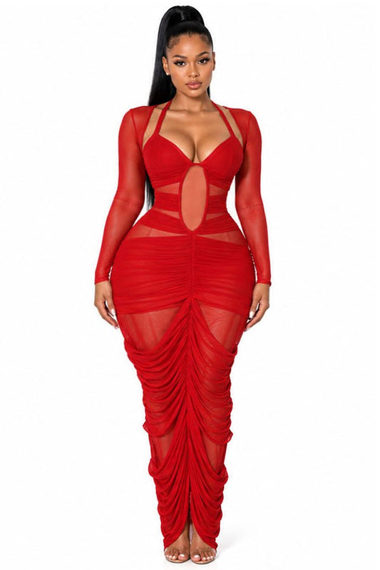 Mesh Ruched Maxi Dress