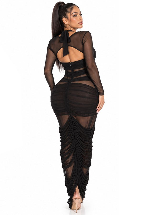 Mesh Ruched Maxi Dress