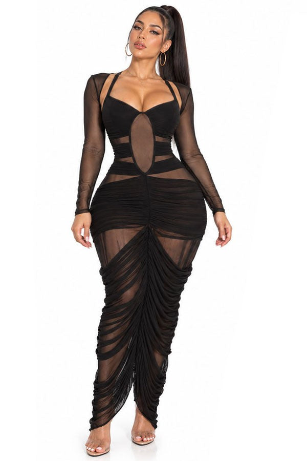 Mesh Ruched Maxi Dress