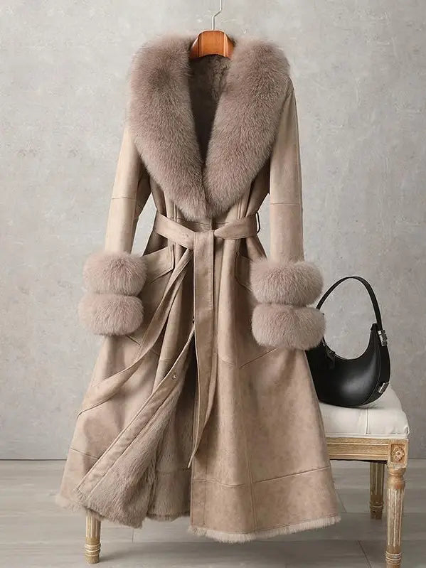 Mid-Length Faux Fur Coat with Fox Fur Collar