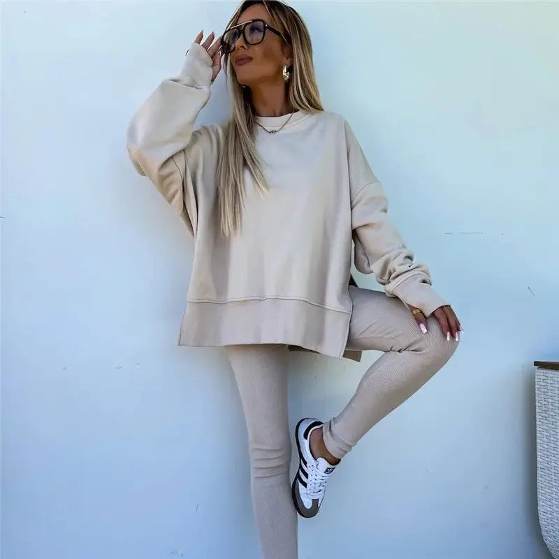 Slit Sweatshirt and Skinny Pants Set