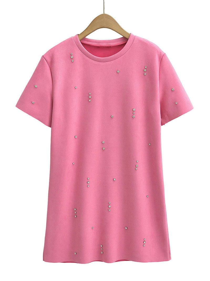 Rhinestone Short Sleeve A-Line Mini Dress