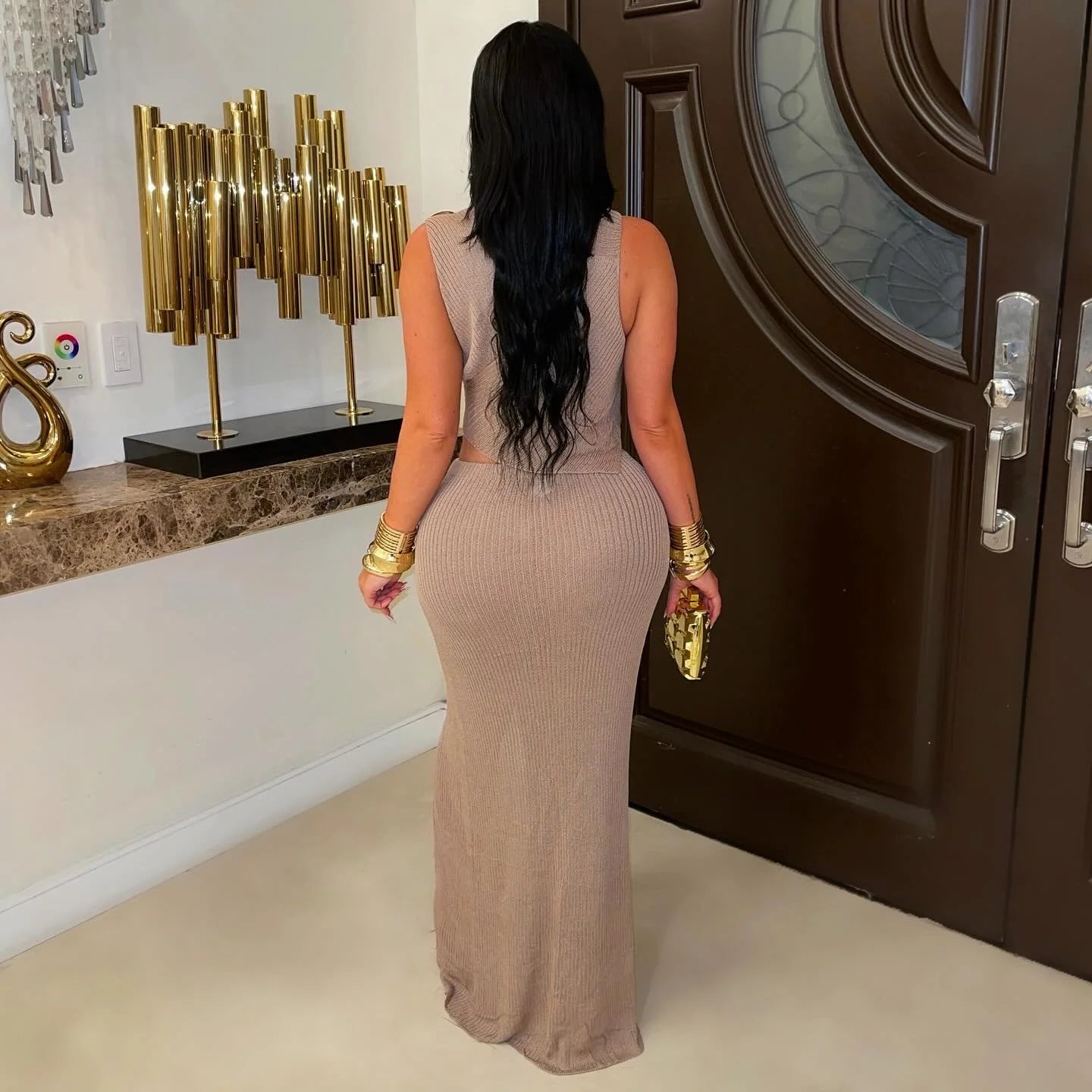 Off Shoulder Crop Top & High-slit Maxi Set