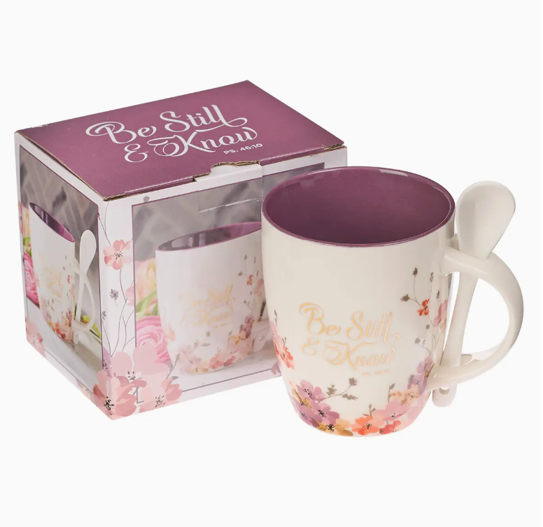 Mug with Spoon White/Purple Floral Be Still Ps. 46:10 Chic by Taj