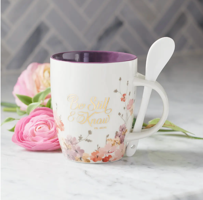Mug with Spoon White/Purple Floral Be Still Ps. 46:10 Chic by Taj