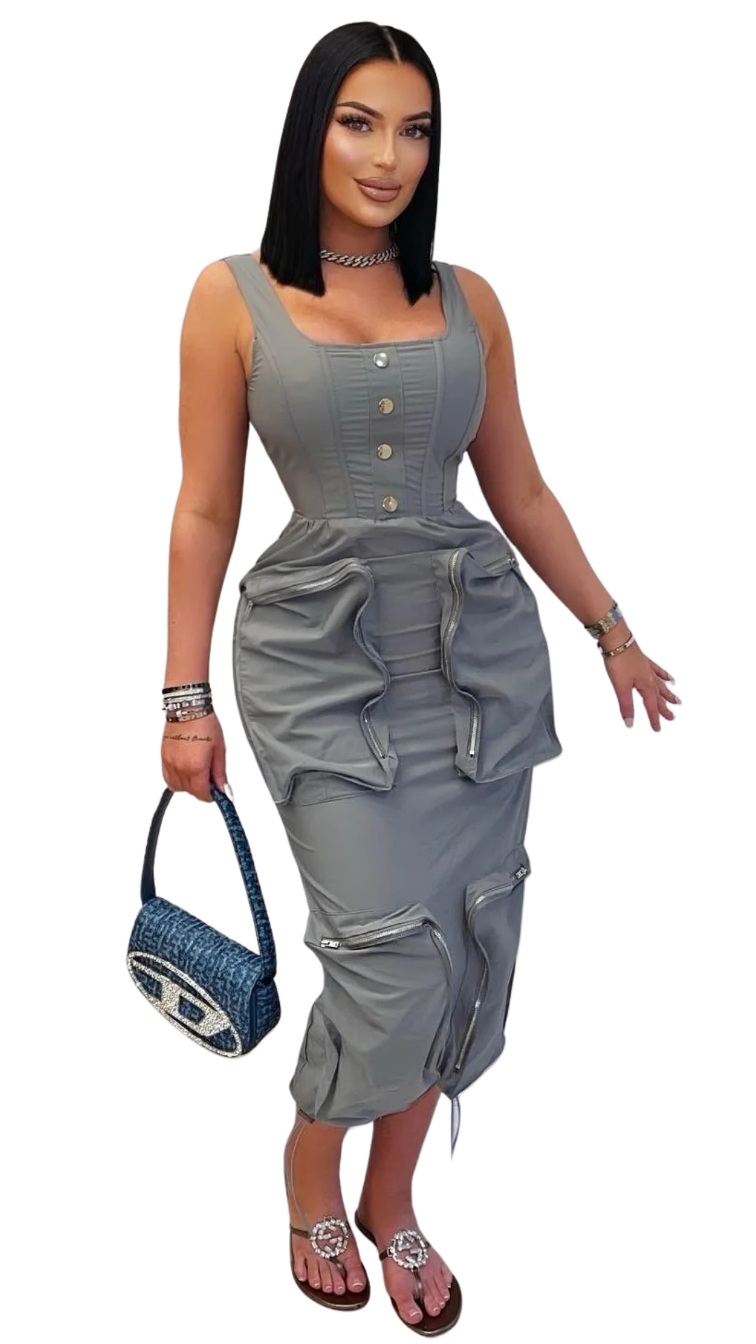Rella cargo midi dress (Grey)