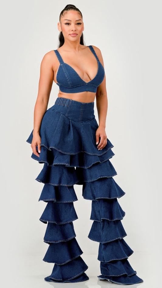 Denim Ruffle Two-piece Set