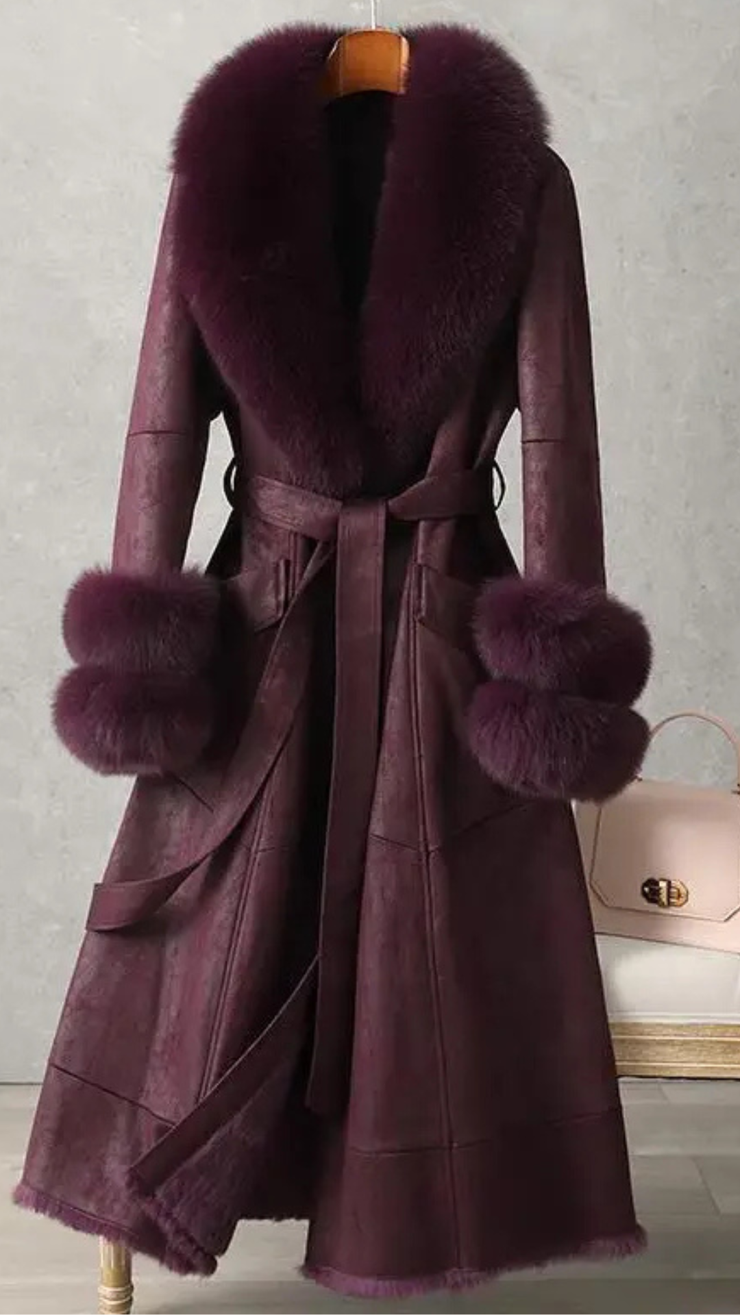 Mid-Length Faux Fur Coat with Fox Fur Collar