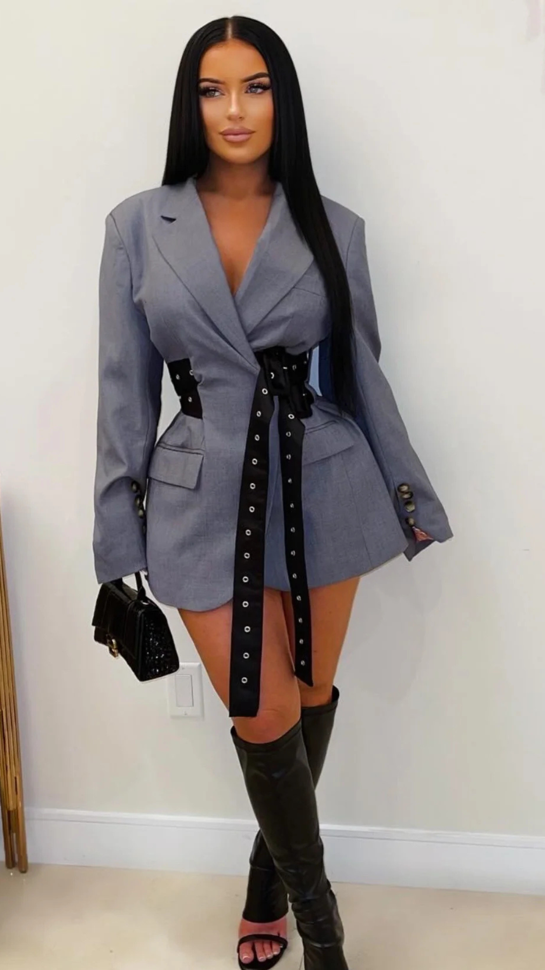 belted blazer dress (Grey/black) belted blazer dress (Grey/black)