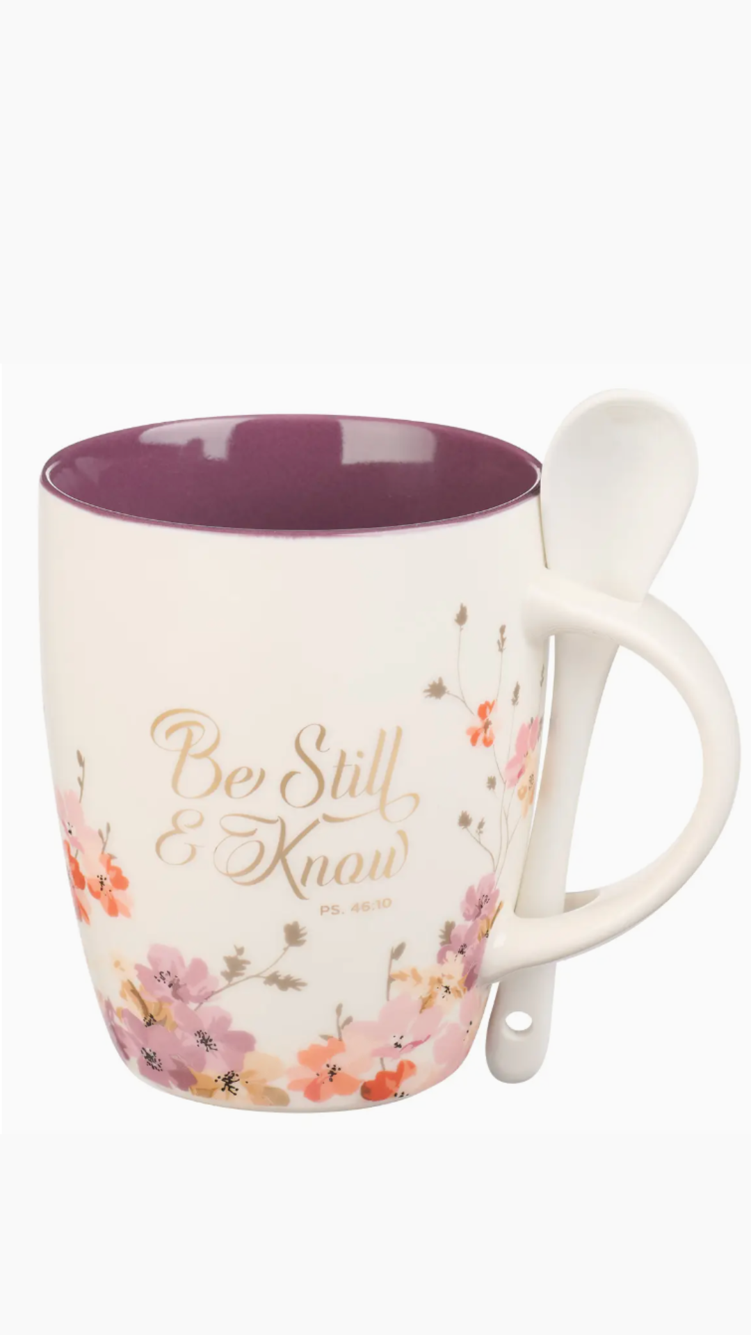 Mug with Spoon White/Purple Floral Be Still Ps. 46:10 Chic by Taj