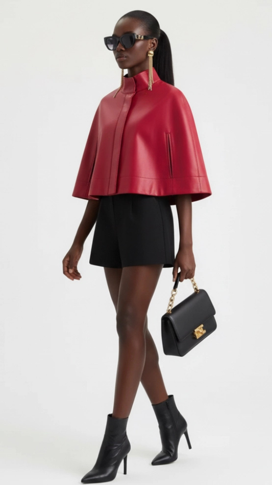 Red Leather-Style Short Cape Jacket