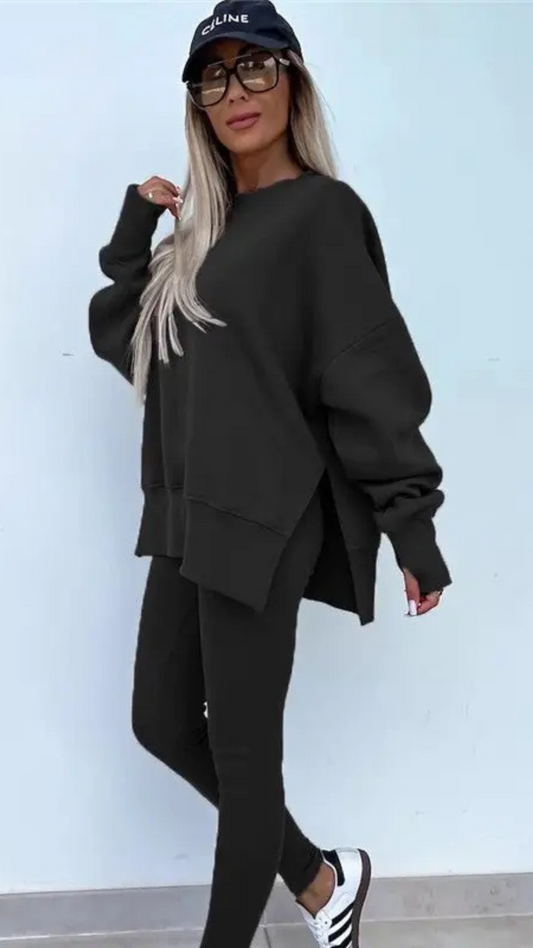Slit Sweatshirt and Skinny Pants Set
