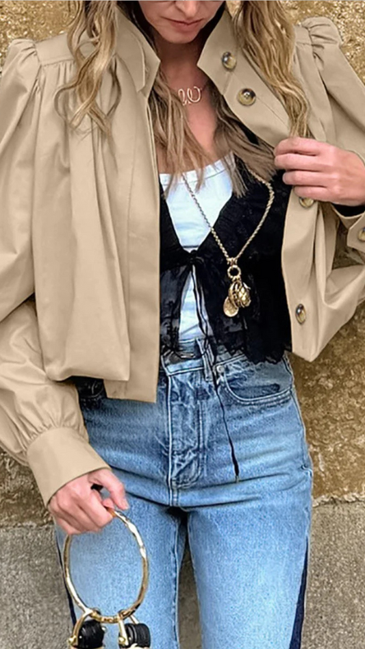 Pleated Stand Collar Crop Ruched Barn Jackets