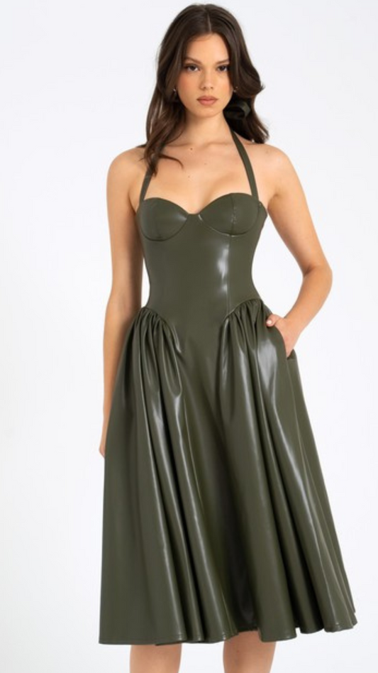 Eliana Olive Vegan Leather Dress