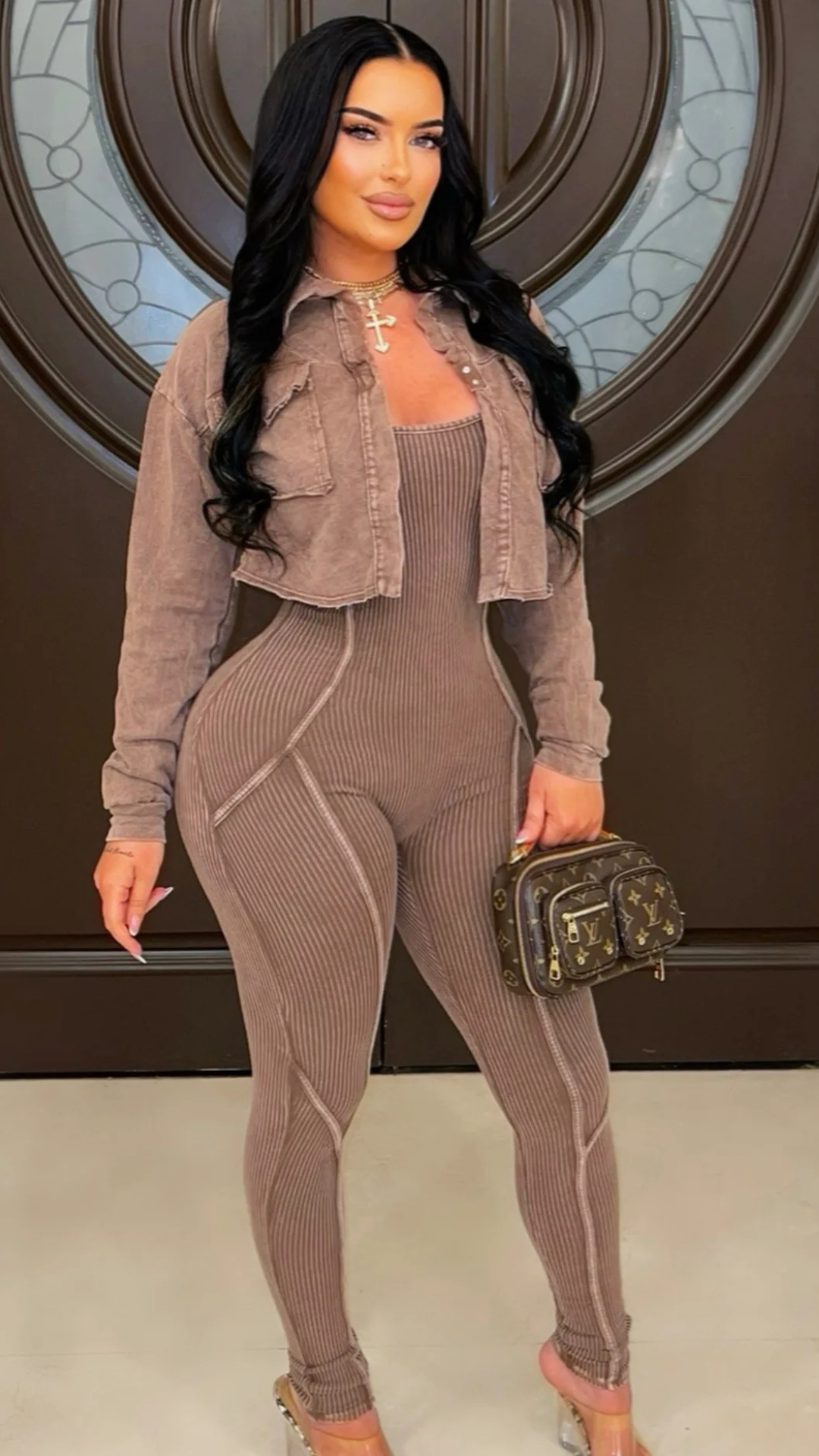 Mineral Wash Jumpsuit And Crop Jacket Set