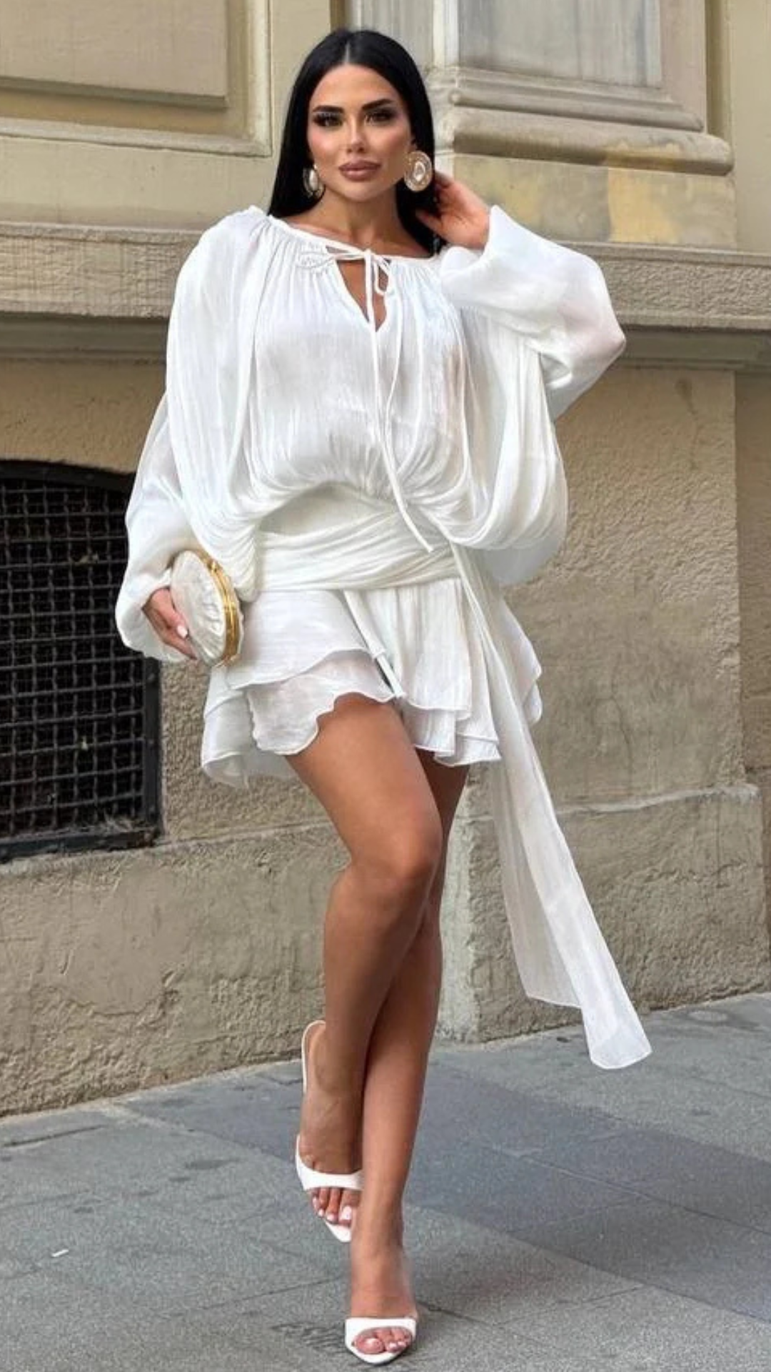 PADDED SHOULDER MINI RUFFLE DRESS