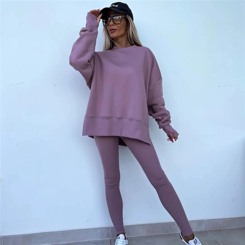 Slit Sweatshirt and Skinny Pants Set