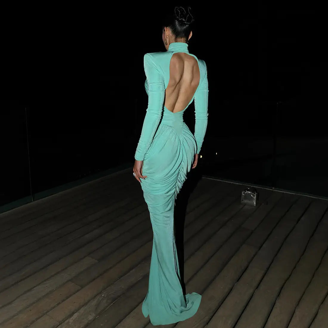 Backless Pleated Floor-Length Dress