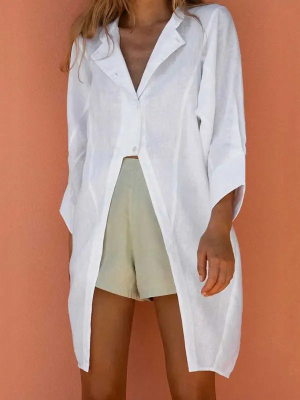 Split-Front Solid Notched Collar Long Sleeve Blouse
