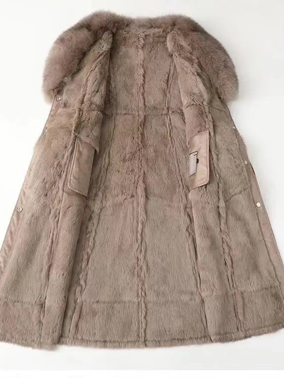 Mid-Length Faux Fur Coat with Fox Fur Collar