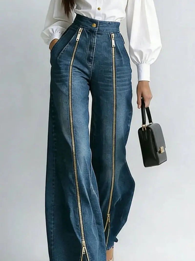 High-Waist Zipper Front Baggy Jeans