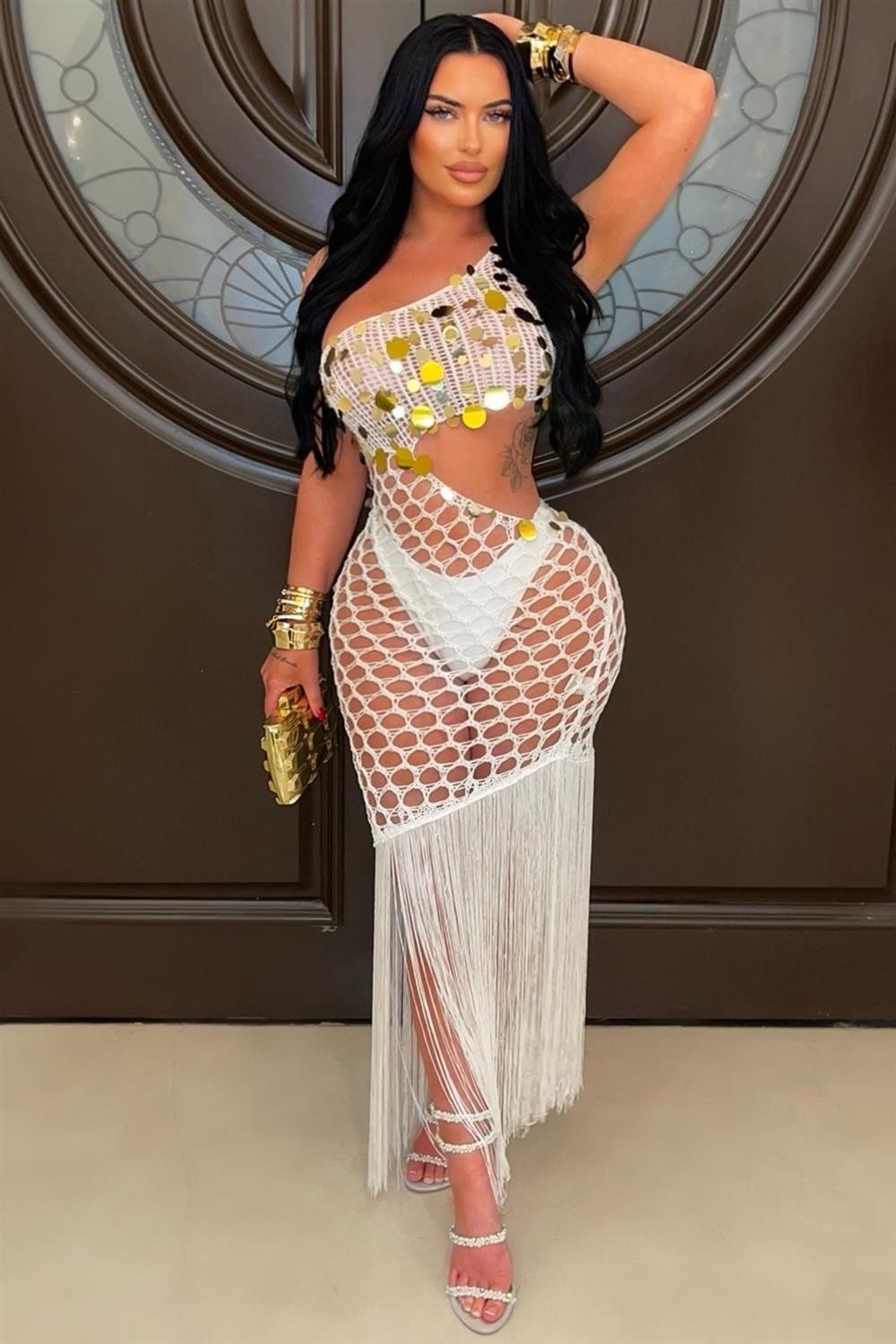 Crochet fringe dress (White/gold)