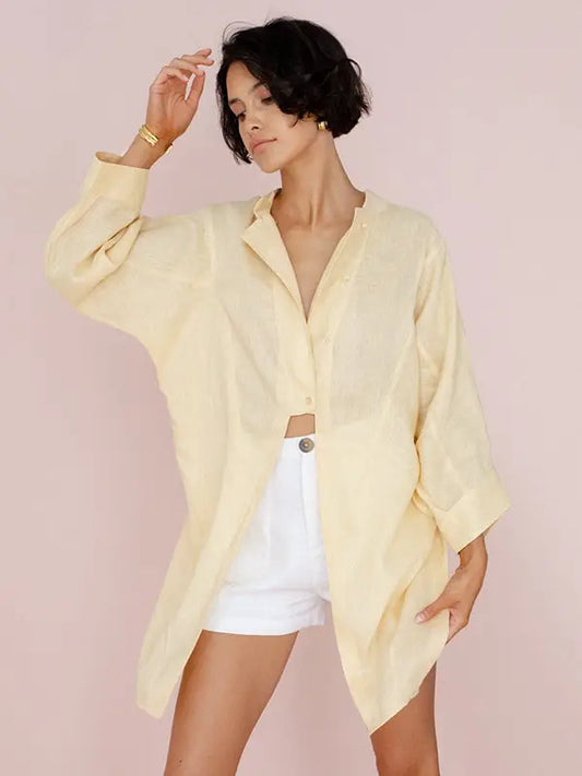 Split-Front Solid Notched Collar Long Sleeve Blouse