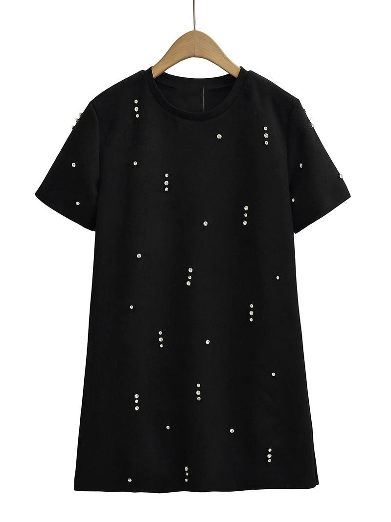 Rhinestone Short Sleeve A-Line Mini Dress