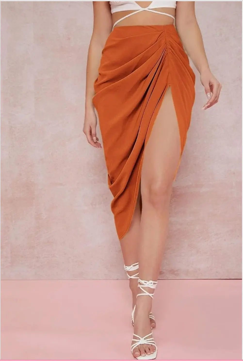 TAJ Thigh High Waist Midi Ruched Skirt - Chic by Taj